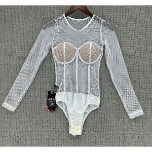 Morena Charme Bodysuit Womens Size M Medium White Long Sleeve Net Built In Bra